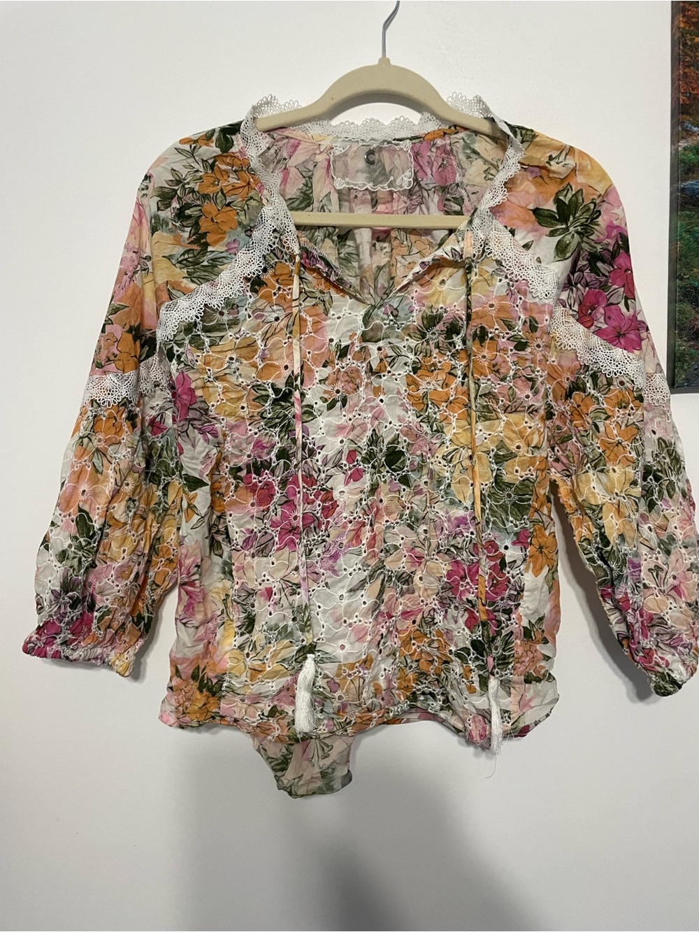 Floral Eyelet Peasant Top in Pink and Yellow size xl pre-owned